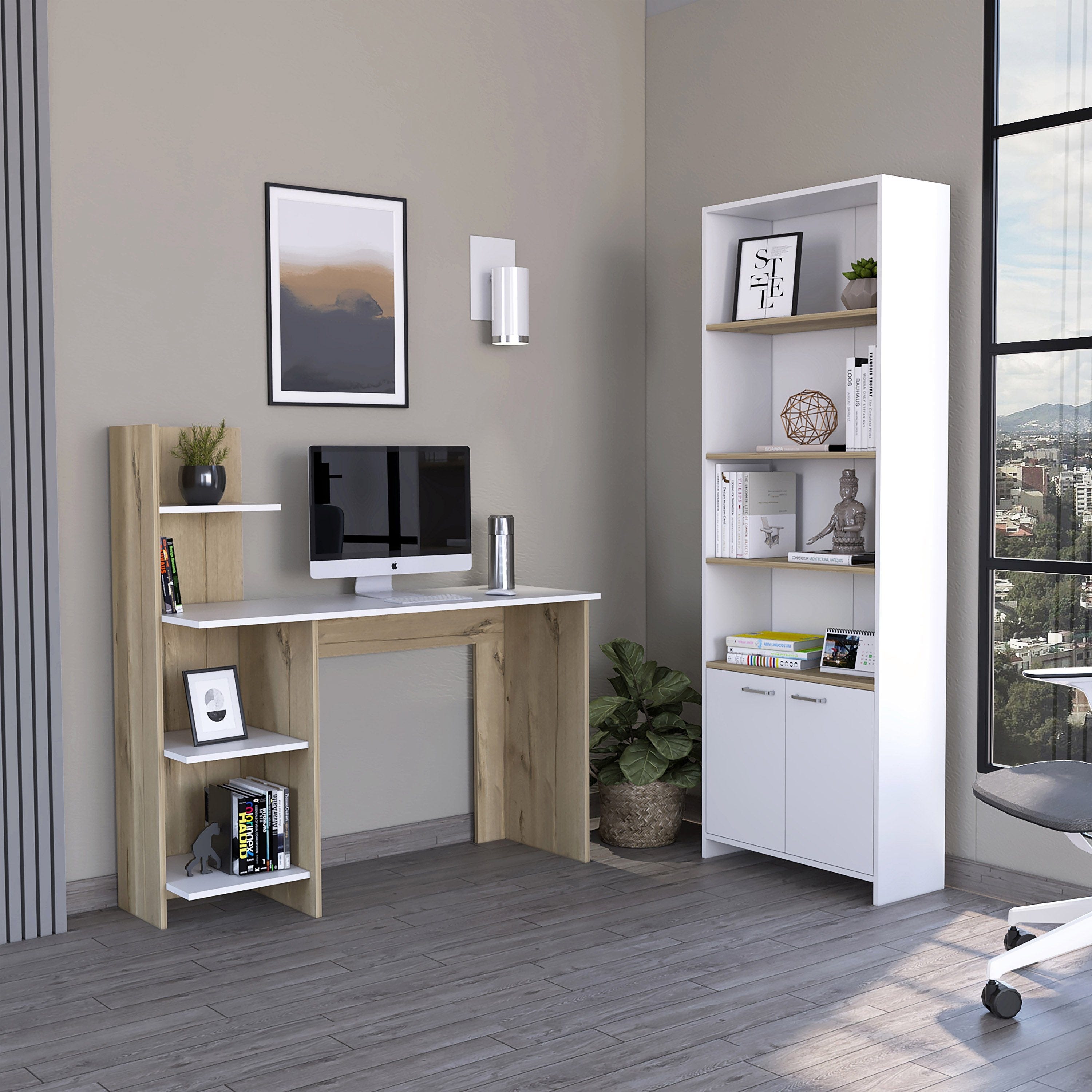 Escritorio con estantería alta moderna, Consola con estantes de  almacenamiento, Mesa de estudio para dormitorio, 160x40xh135 cm, Color  blanco