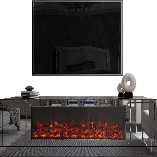 Meuble tv design avec cheminée artificielle intégrée en miroir anthracite  livré monté 200 cm de largeur collection Alonso