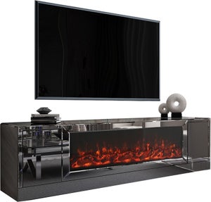 Meuble TV 200x57x35 cm couleur vieux bois GRANGE Avec Cheminée chauffante  intégrée meuble Hi-fi à poser