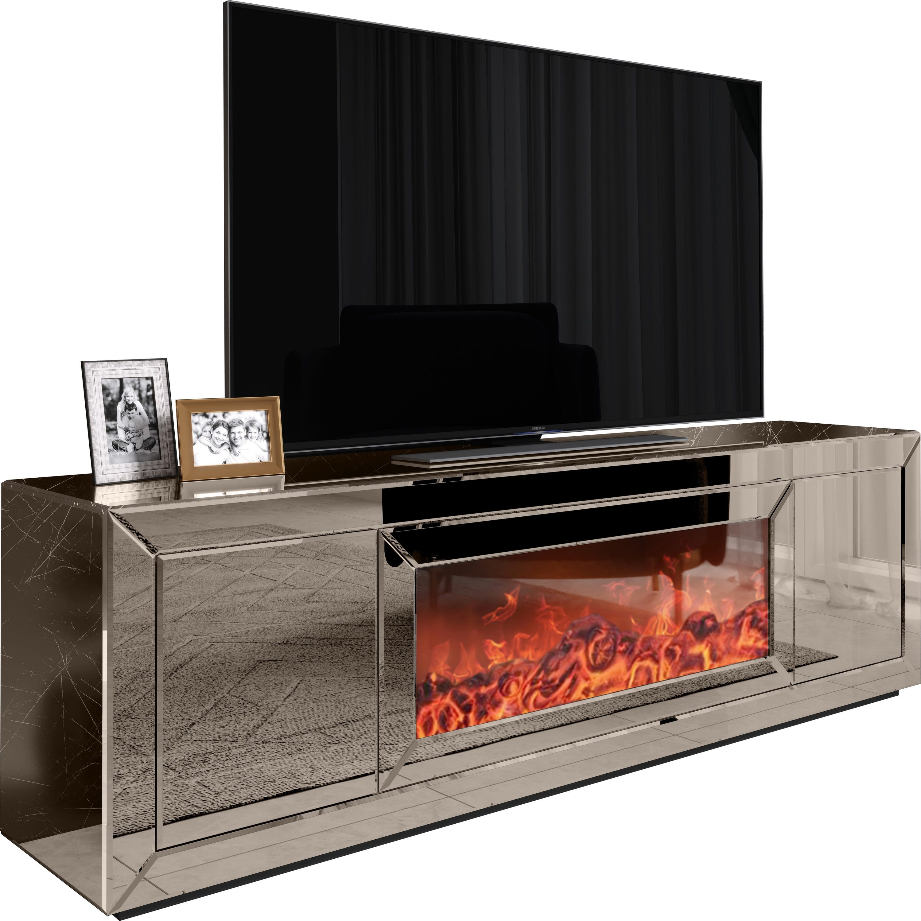 Meuble TV design avec cheminée artificielle intégrée en miroir bronze 200  cm de largeur collection Fibramu