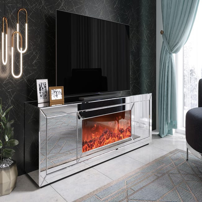 Meuble tv design avec cheminée artificielle intégrée en miroir anthracite  livré monté 200cm de largeur collection FIBRAMU