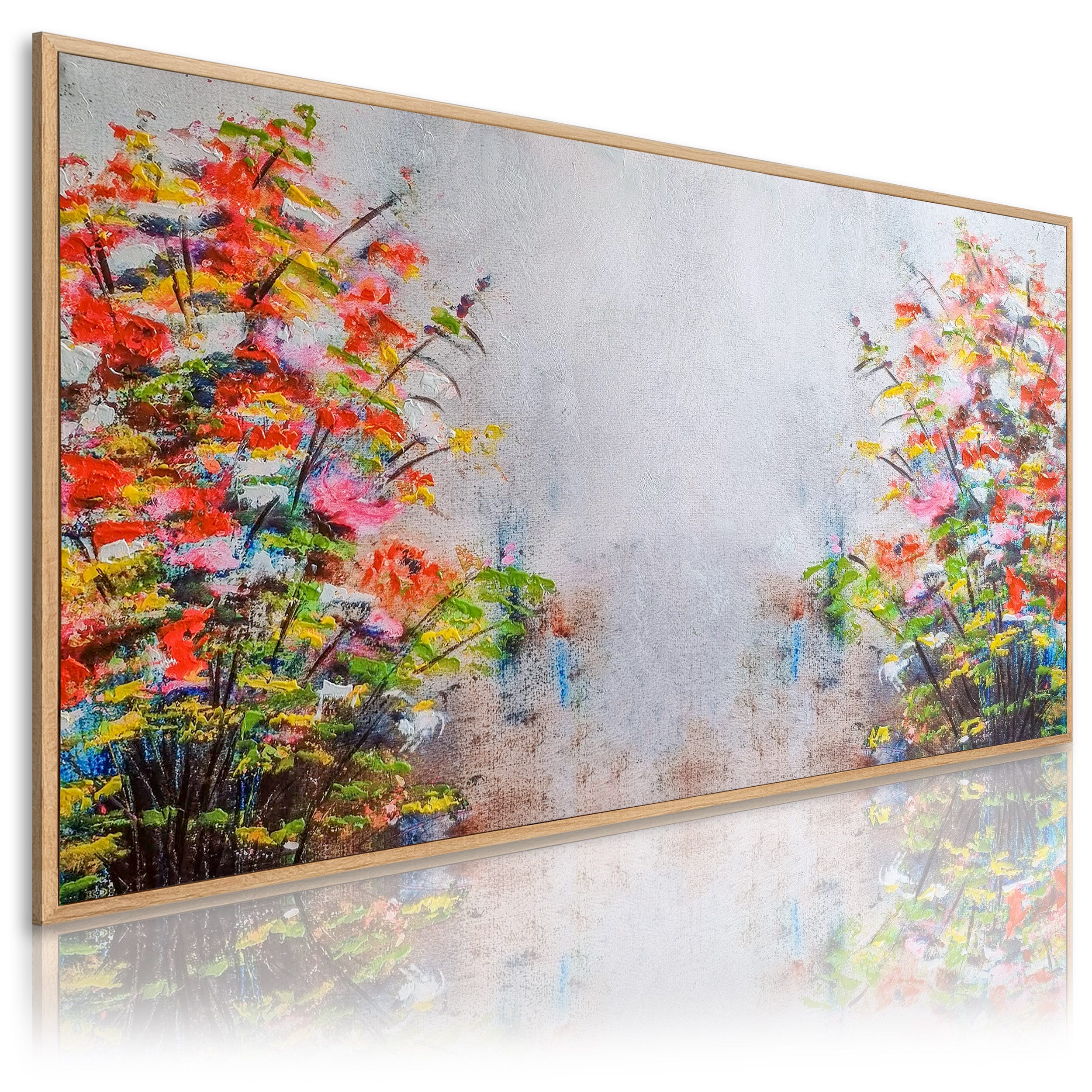 DekoArte - Cuadro Pintado a Mano Naturaleza 140x70 cm FLOWERED - Cuadros  Modernos al Oleo con Marco color madera