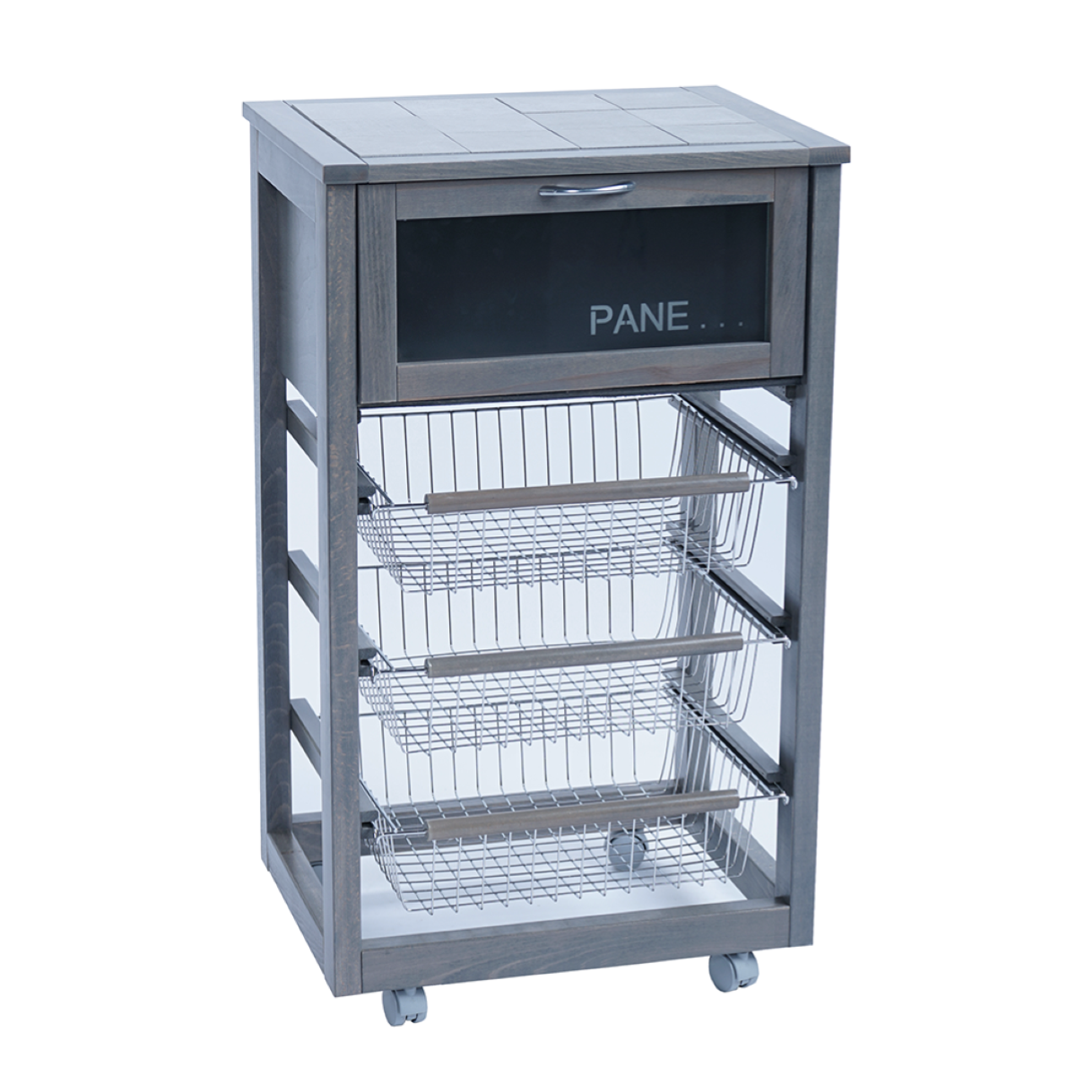 Carrello PRESTIGE LUSSO portapane e portafrutta con ruote e piano con  mattonelle, GRIGIO