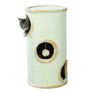 PawHut Arbre à chat grattoir design avec jeu 2 pompons suspendus 2 poteaux  sisal plateforme peluche sisal 48 x 38 x 42 cm beige