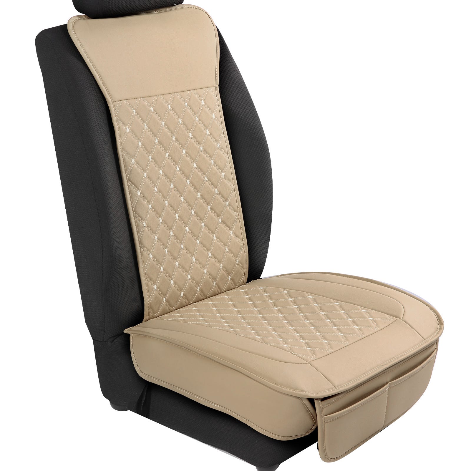 4pcs / set housse de coussin de siège avant de voiture universelle + housse  de coussin de tête respirant housse de protection en tissu set beige