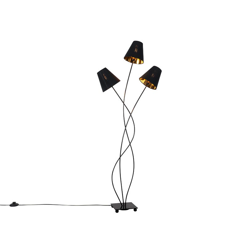 Lampadaire design noir avec abat-jour en tissu 3 lumières - Melis