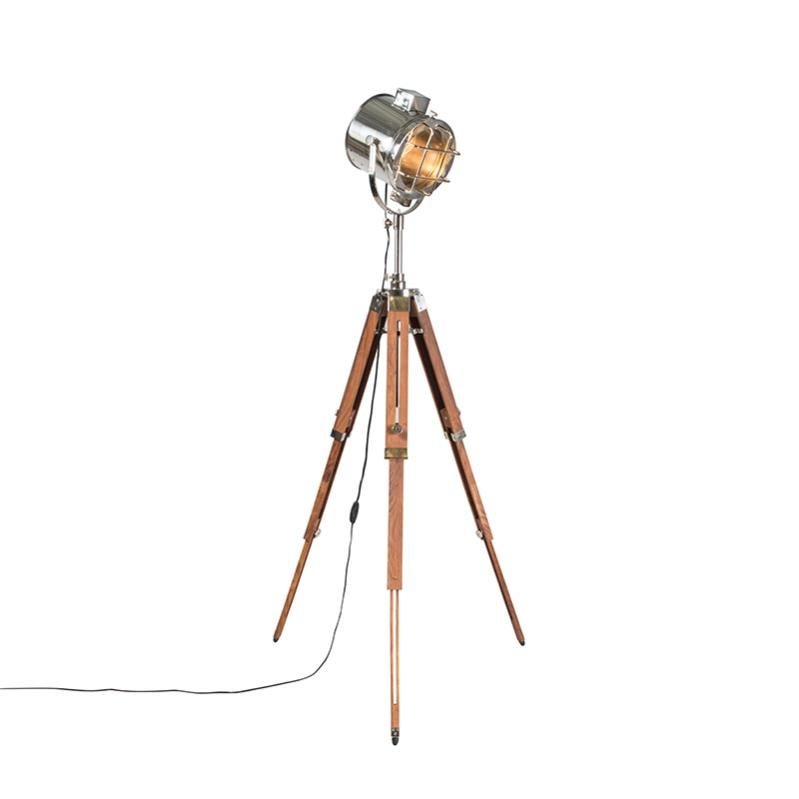 Lampada Da Terra BRUBAKER Design Industriale - Treppiede Legno Con Spot Orientabile 65cm Grigio