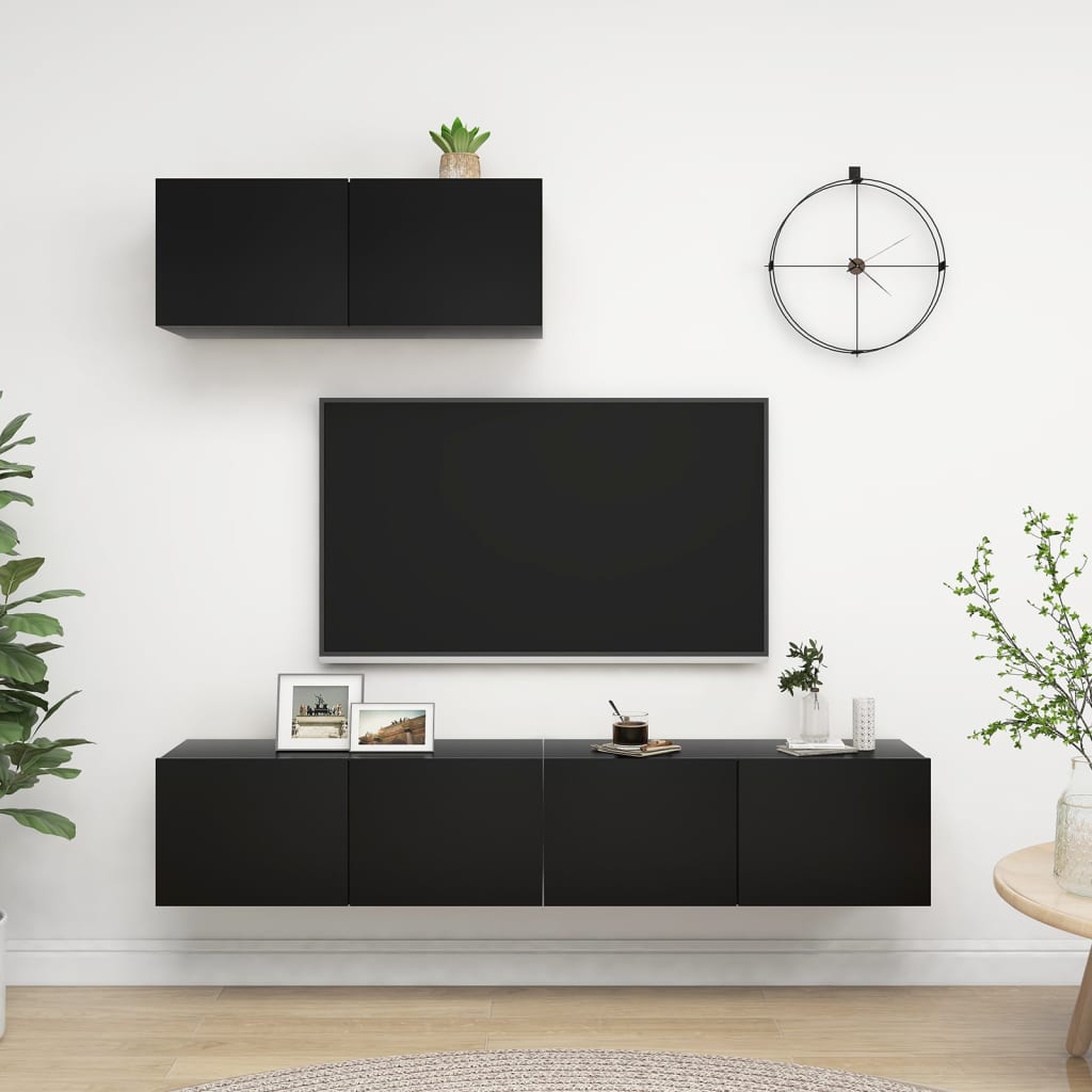 Tbs - Meuble TV mural suspendu ULEZZA : Meuble TV 3 portes + Etagère -  Eclairage inclus - Décor noir et chêne - L304 x P42 x H200 cm - Meubles TV,  Hi-Fi - Rue du Commerce