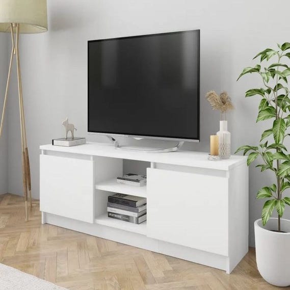 Meuble TV de salon 120 cm Blanc mat et Ciment avec 2 portes - Caesaroo