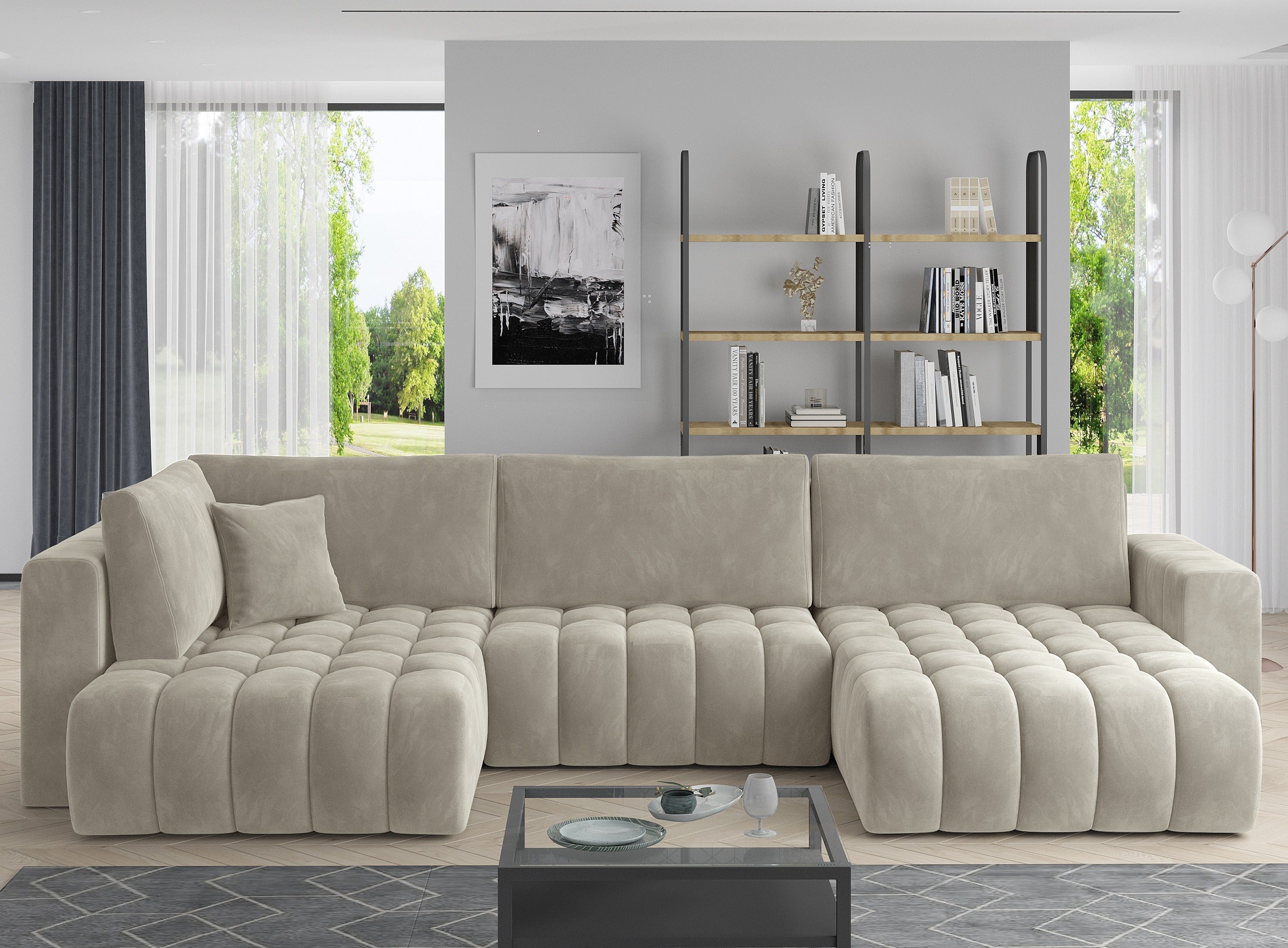 Canapé panoramique convertible design capitonné velours beige ...