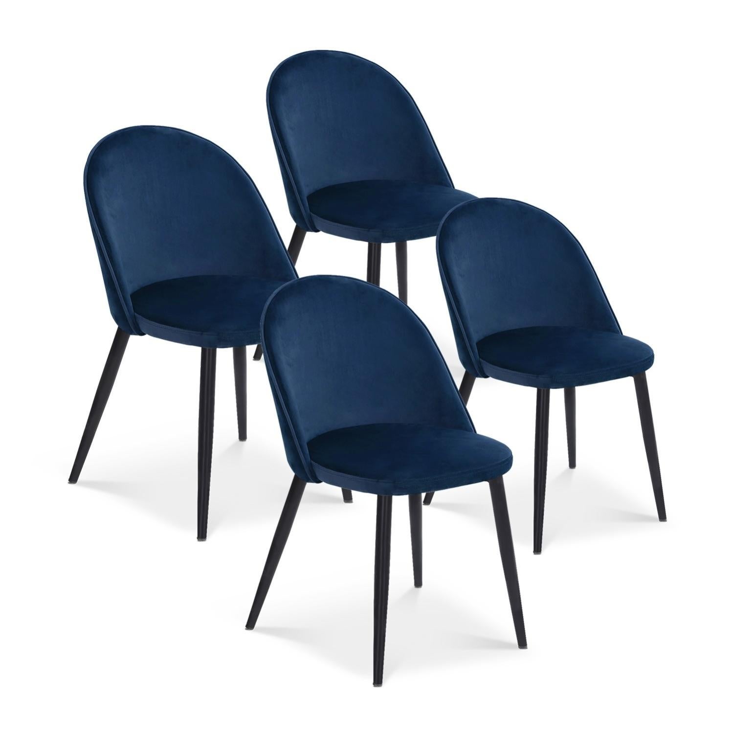 Lot De 4 Chaises En Velours Bleu ROBINE - Pieds Noirs, Design Moderne, Neuf