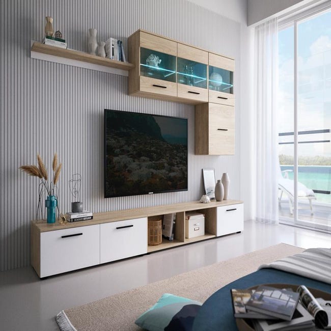 Mueble de salón y TV Essential blanco y roble 260x185x42 cm