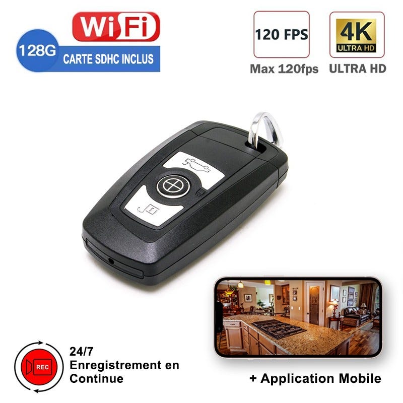 Mini Caméra Cachée Espion Clé de Voiture WIFI Ultra HD 4K 2160p MP4 2h30  Autonomie Angle 90° + Micro SD 128Go + Appli iOS Android