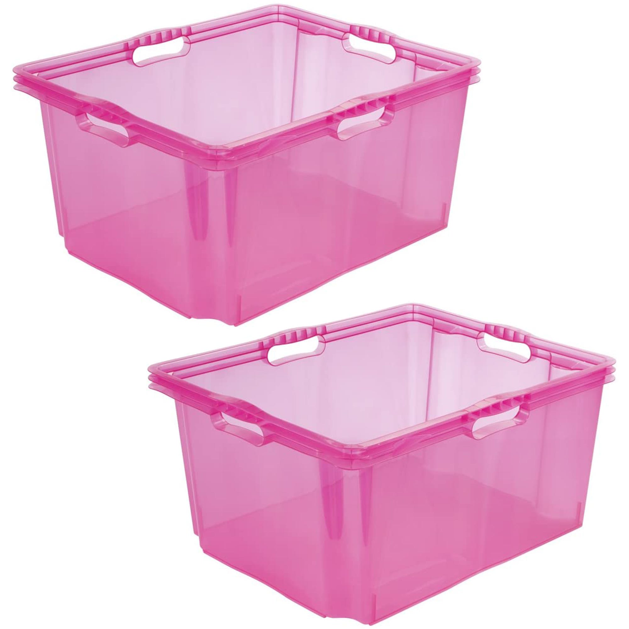2x Boîte de rangement avec poignées intégrées, taille: xxl, 52 x 43 x 26  cm, 44 l, rose transparent