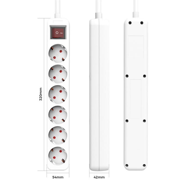 Regleta de 6 Enchufes + Interruptor Blanca (5 Metros) + Protección Infantil  • IluminaShop