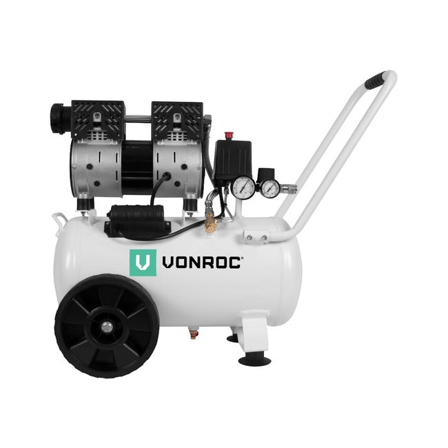 Compressore d'aria silenzioso VONROC PRO 57,5Db, 24 LT - Senza olio - 750W  – Bianco
