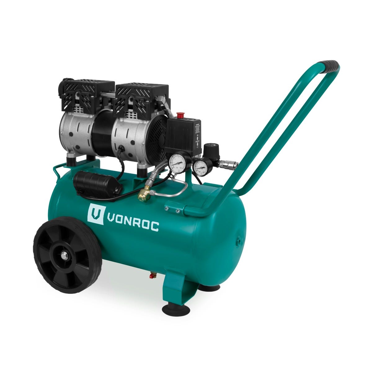 Compressore d'aria silenzioso VONROC PRO 57,5Db, 24 LT - Senza olio - 750W  – Color verde