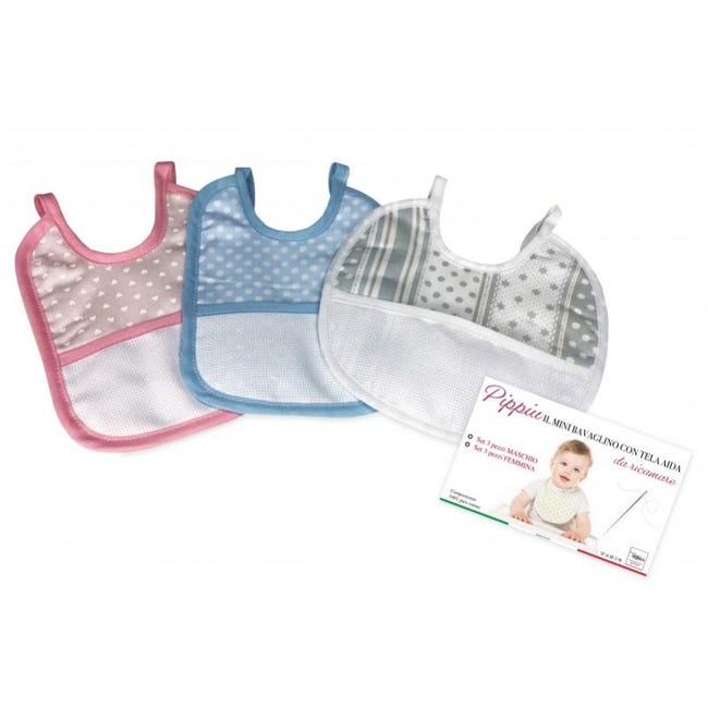 SET 3 BAVAGLINI BAVETTE Bambino PIPPÌU © Cm. 16x18 Misura MINI Bavaglio Con Lacci Con Tela Aida - Foto 4