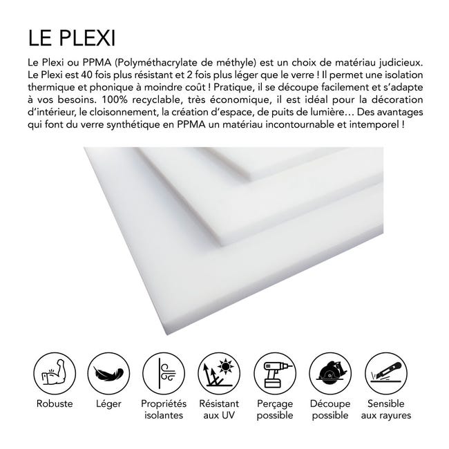 Plaque Plexigglas blanc au format A3, A4 ou A5. Épaisseur de 2 mm ou 4 mm.  Feuille de verre acrylique. Verre synthétique. Plaque PMMA XT. Plexigglas  extrudé - 2 mm - 150 x 210 mm