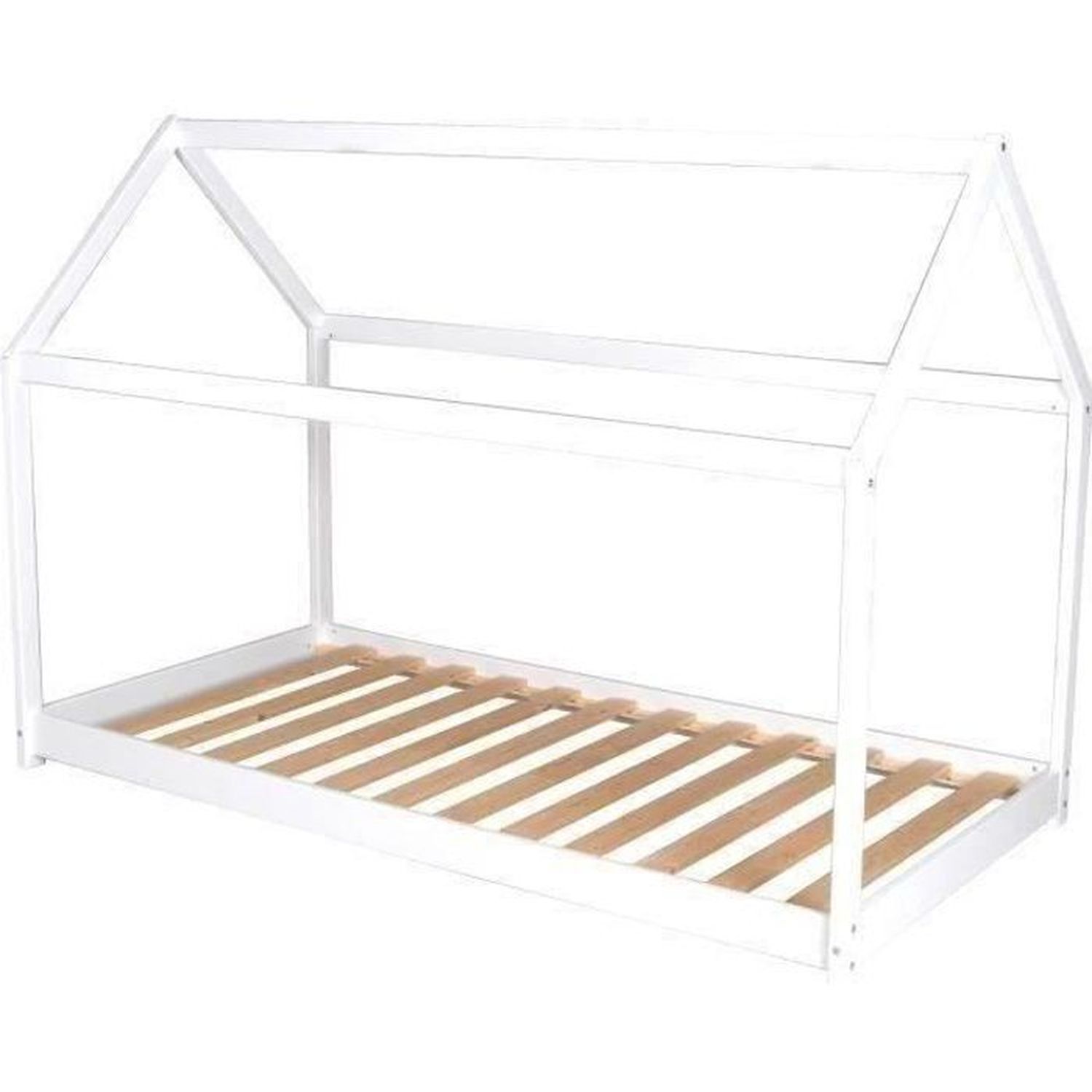 Lit Enfant Cabane Montessori - Bois Pin Massif Blanc - Sommier Inclus ...