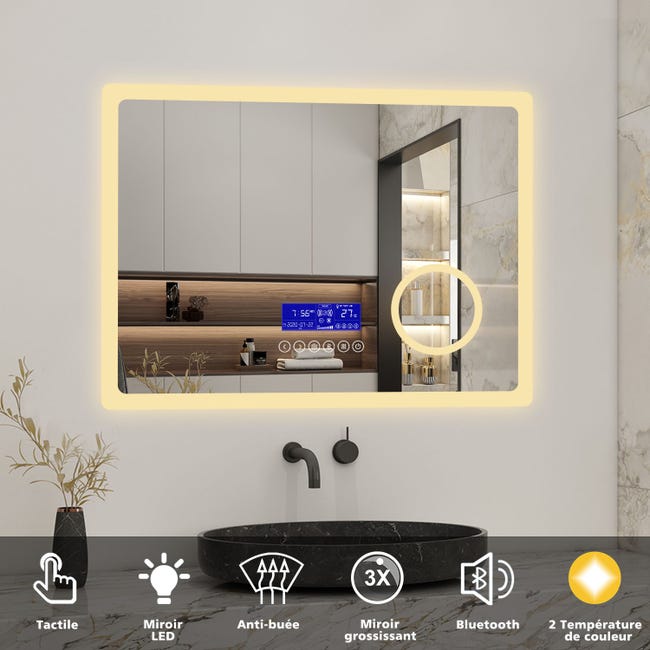 AICA Miroir de Salle de Bain LED avec Bluetooth 100 x 60cm, Miroir Lumineux  avec 3 Couleurs et Fonction Anti-buée, Mural Miroir avec grossissant 3x  [TZBY_J-HD1405BSM_Aica] - AICA - Grand choix au