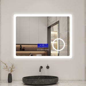 SIRHONA Miroir de Salle de Bain LED avec Prise, Fonction 3 températures de  Couleur, Anti-buée,dispositif bluetooth,affichage du temps,120x60cm