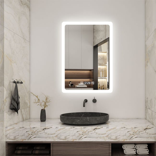 AICA Miroir LED de salle de bain rectangle vertical anti-buée avec horloge,  lumière blanc pur