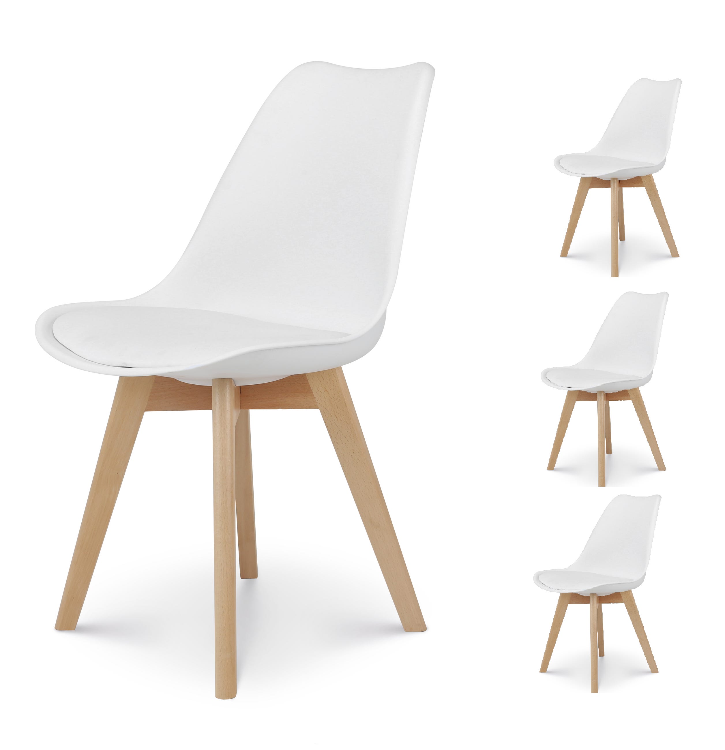 KOSMI - Set di 4 sedie bianche in stile scandinavo, modello VICTORY, con  scocca imbottita in resina bianca e gambe in legno naturale