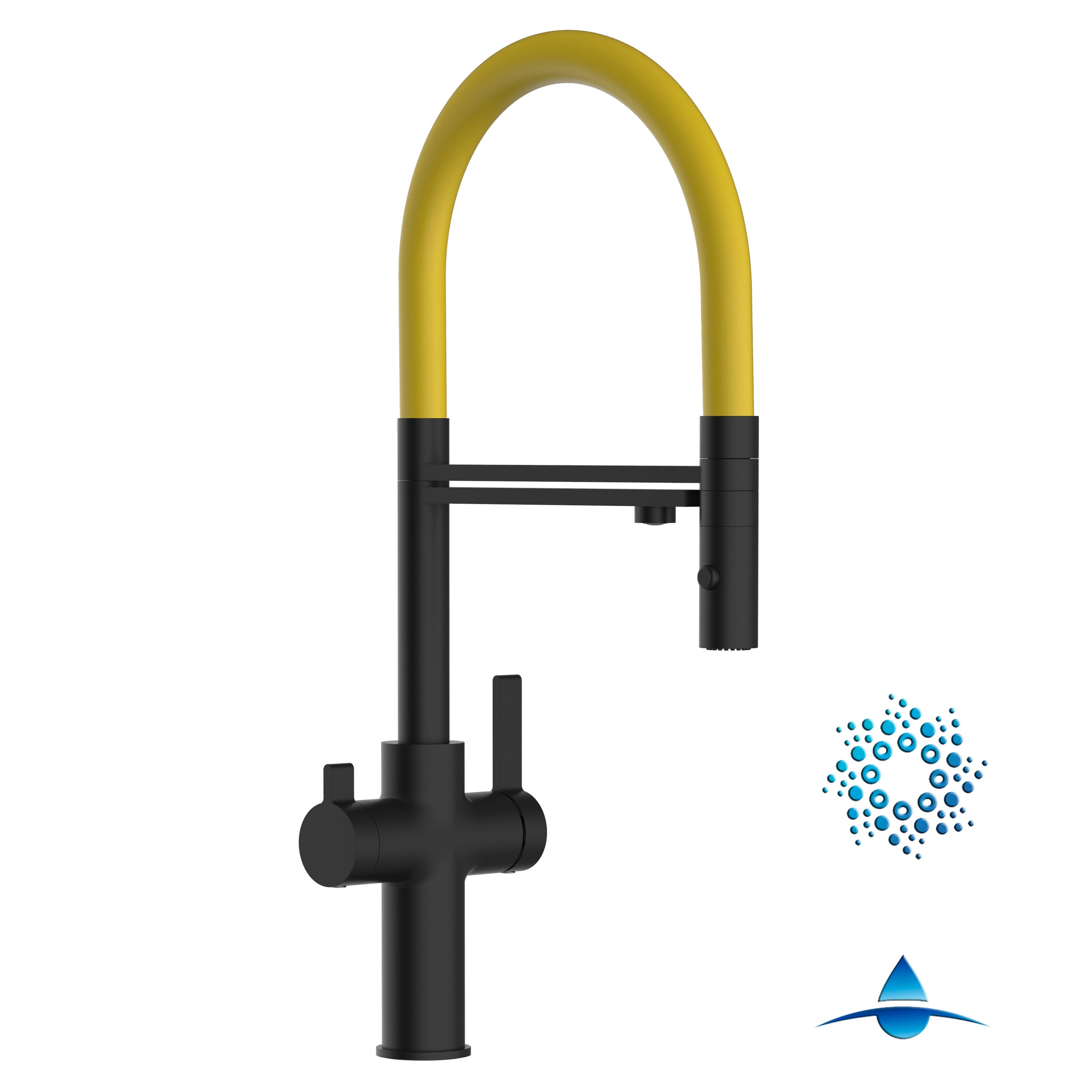 Grifo de cocina 4 vías Negro Mate caño alto giratorio 360° - caño amarillo  flexible y ducha 2 chorros - doble conducto para sistemas de filtro agua
