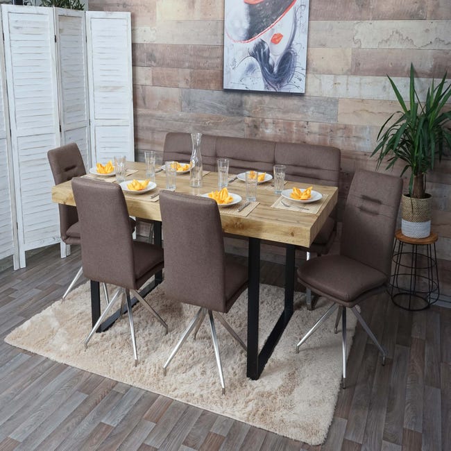 Set panca con 4x sedie sala pranzo soggiorno cucina HWC-H70 tessuto acciaio  inox ~ marrone 180cm