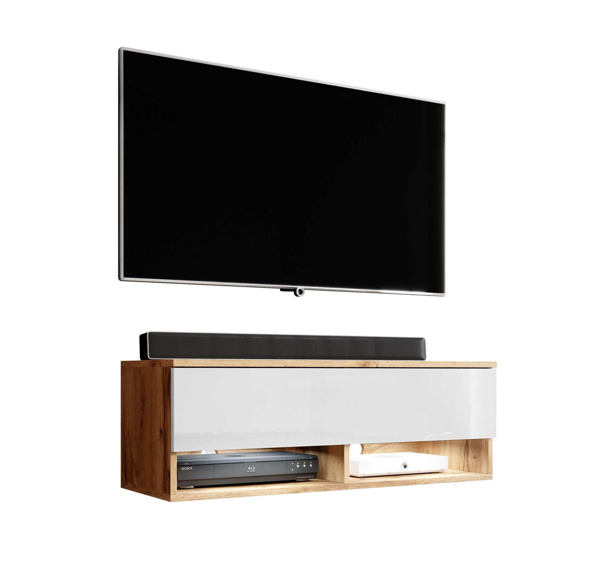 FURNIX Meuble tv / Meuble tv suspendu Alyx 100 x 32 x 34 cm style industriel chêne wotan / blanc