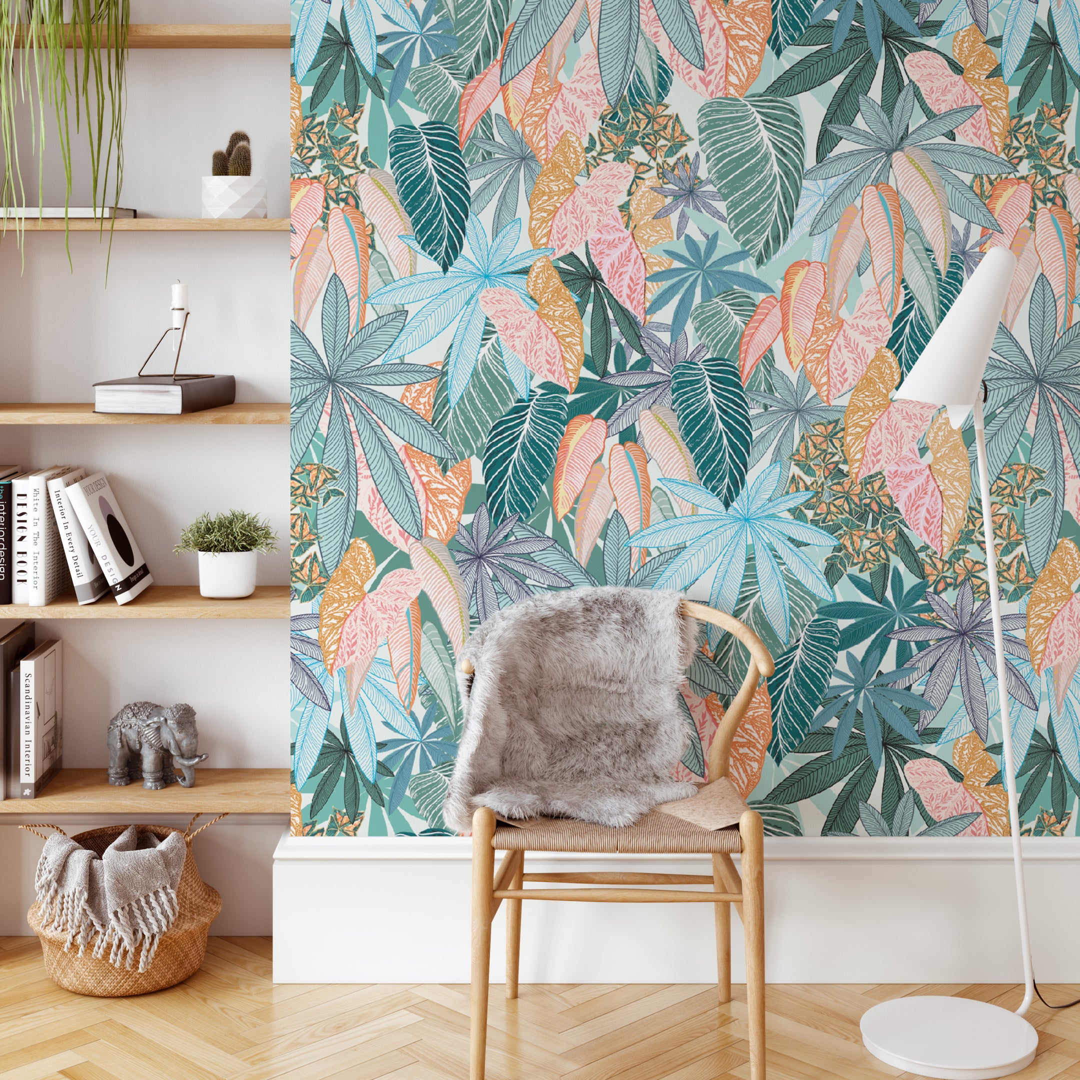 Papier peint coloré - Feuilles et fleurs - Mur végétal - 280cm x 510cm (L x  l) - Palmhouse