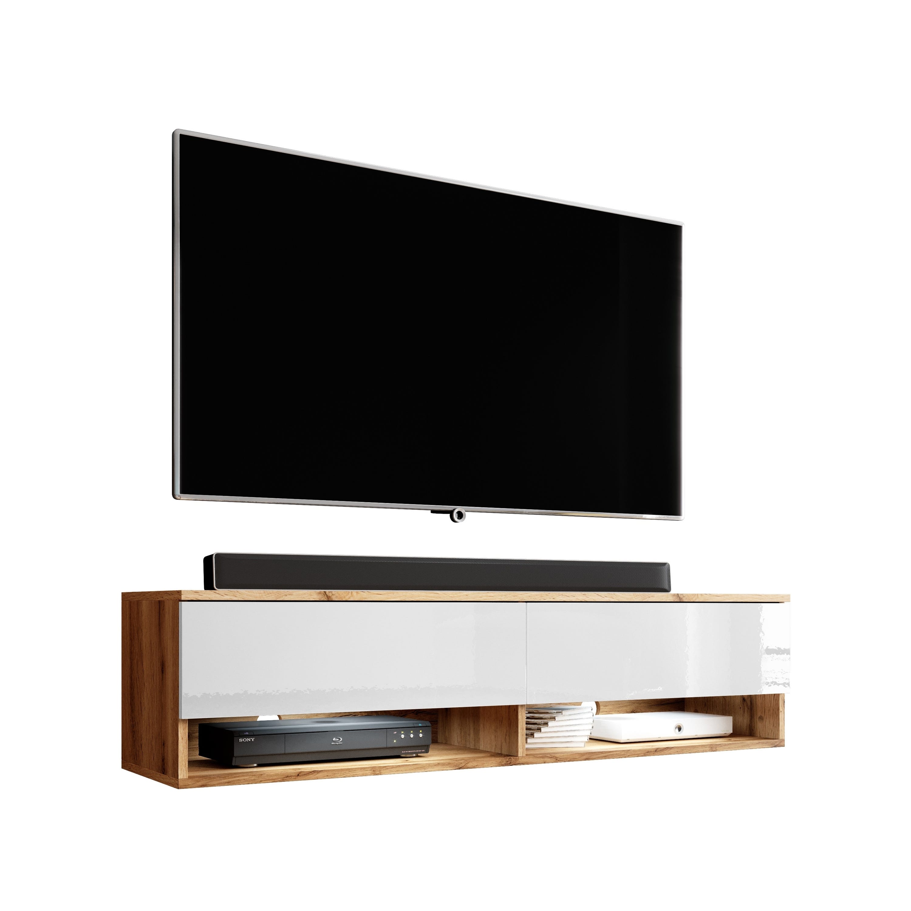 Meuble TV / Meuble de Salon LED Suspendu - 140 cm - Blanc Brillant