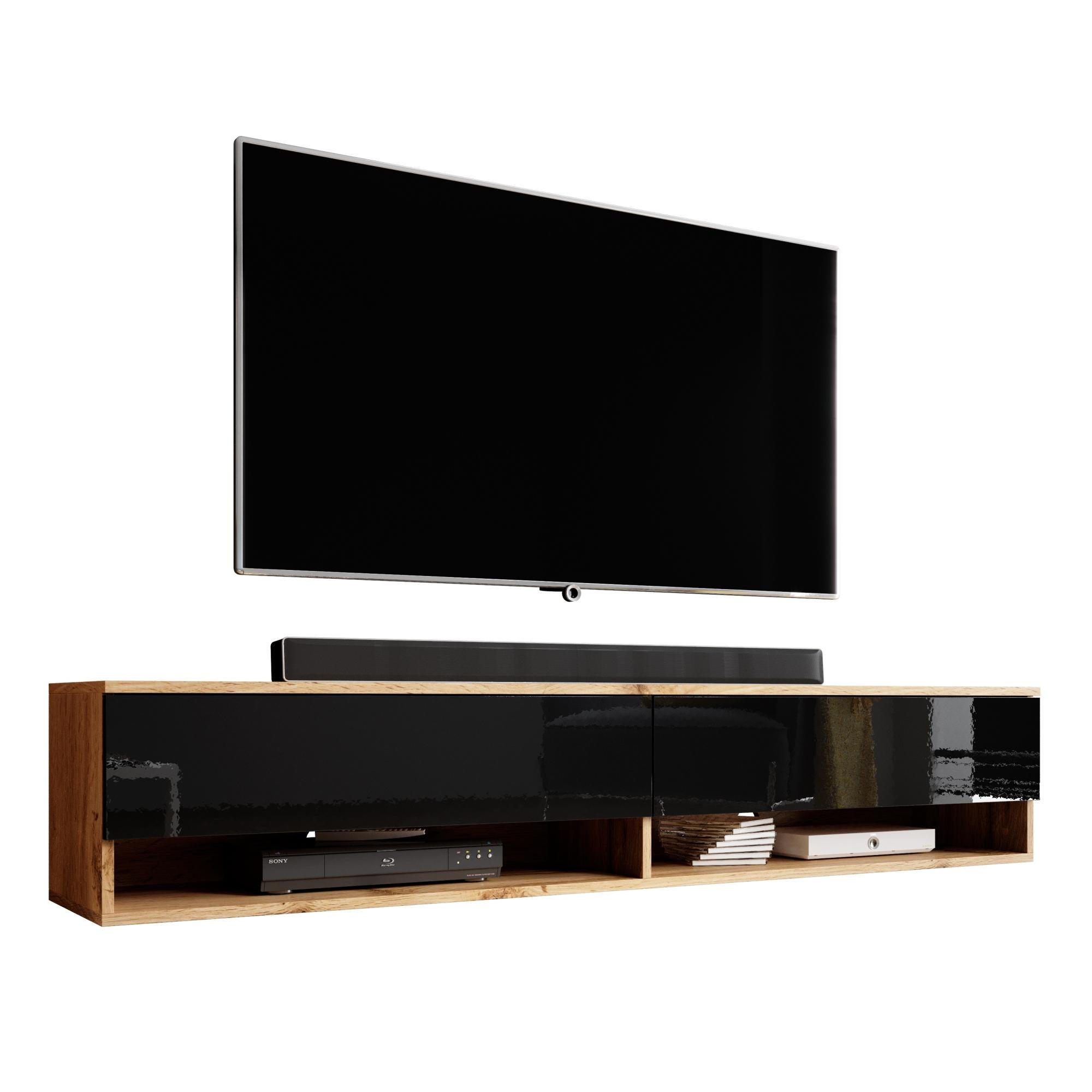 Meuble TV FURNIX Arenal 140 Cm - Blanc Et Noir Brillant - Style Moderne - Neuf