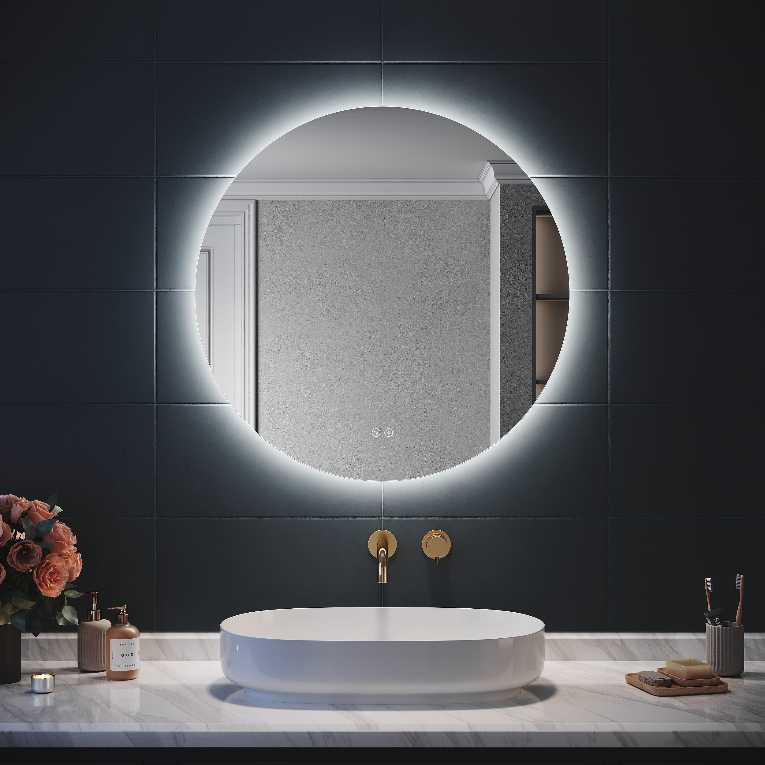 SIRHONA Miroir Rond à LED 80x80cm Ronde Miroir de Salle de Bain Miroir LED  Anti-buée avec capteur de contrôle Tactile, antipoussière et Blanc Froid