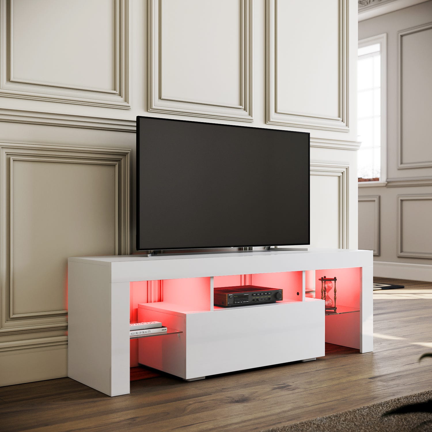 SIRHONA Meuble TV LED Blanc, Banc TV 130x35x45cm, Éclairage LED