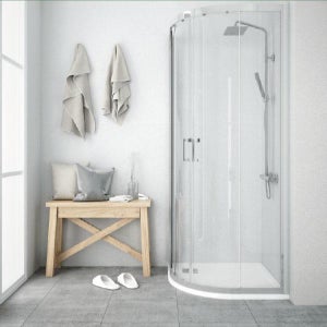 Mampara de ducha en esquina 2 fijos + 2 puertas correderas. Sin perfil –  Akuova