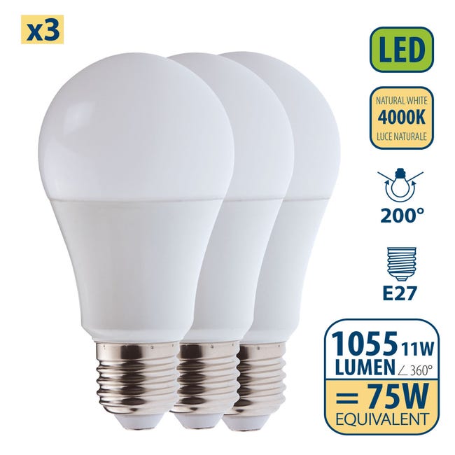 celebrar mezcla Ambiente Pack de 3 bombillas LED SMD, Estándar A60, 11W/1055lm, casquillo E27, 4000K  | Leroy Merlin