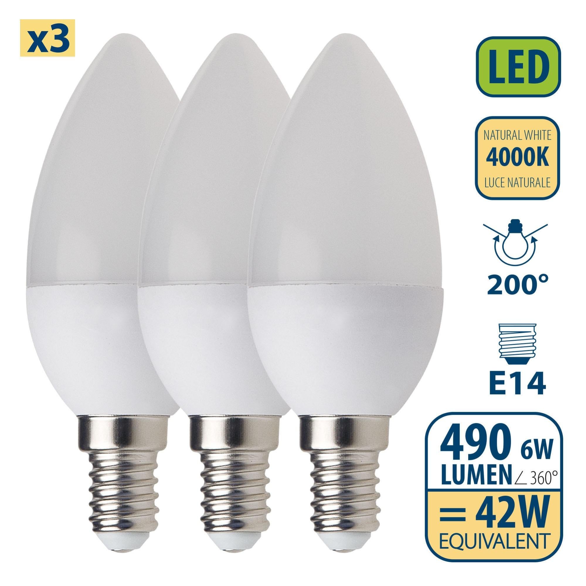 Pack de 3 ampoules LED SMD, Olive C37, 6W / 490lm, culot E14, 4000K