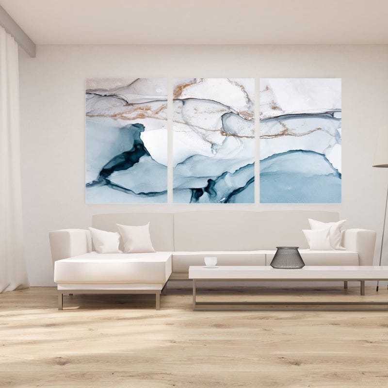 Toile imprimée, Granit blanc 3 panneaux (60x120cm taille totale) tableau  décoration murale salon, tableau abstrait, tableau deco