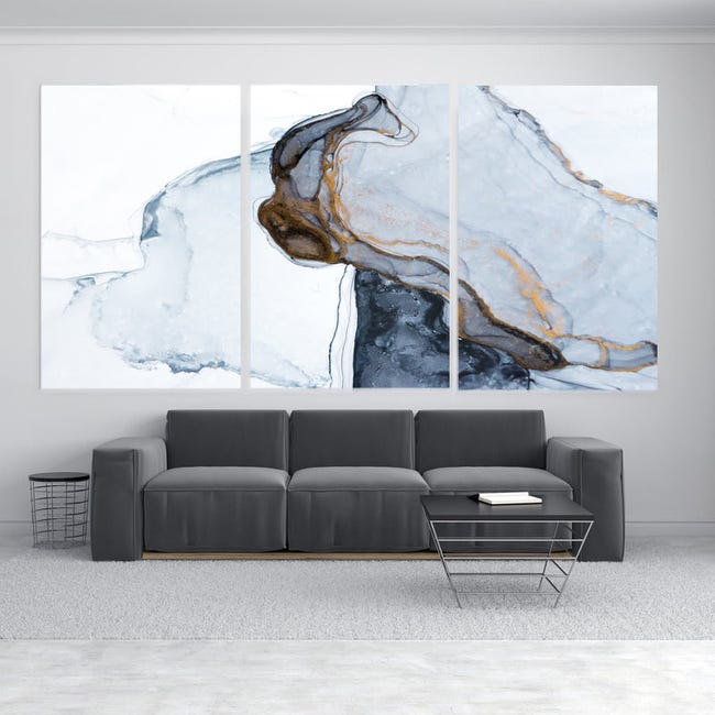 Toile imprimée, Granit blanc 3 panneaux (60x120cm taille totale) tableau  décoration murale salon, tableau abstrait, tableau deco