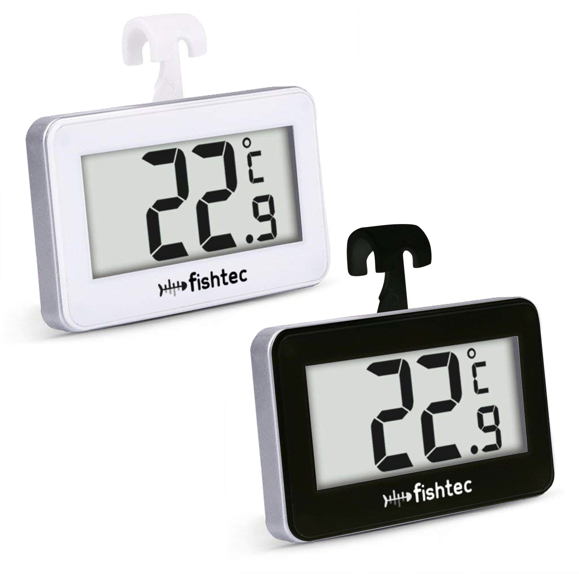 FISHTEC Thermometre Refrigerateur Electronique - Lot de 2 - Sonde integree  - 3 systemes d'accroche : crochet, support, magnetique - Noir & Blanc