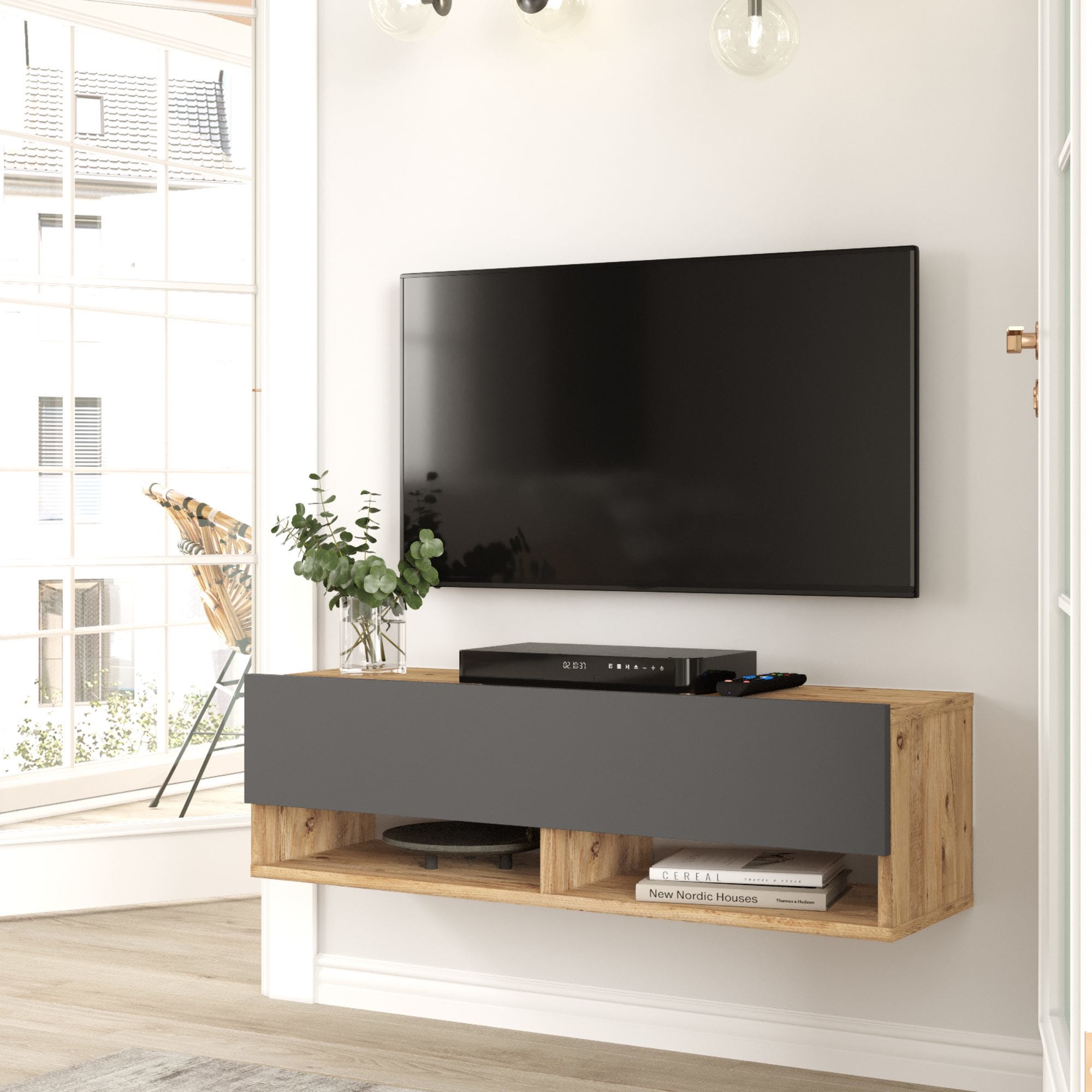 Mueble TV suspendido Laitila Aglomerado con 2 estantes 100x32x30 cm Roble  Rústico / Antracita [en.casa]