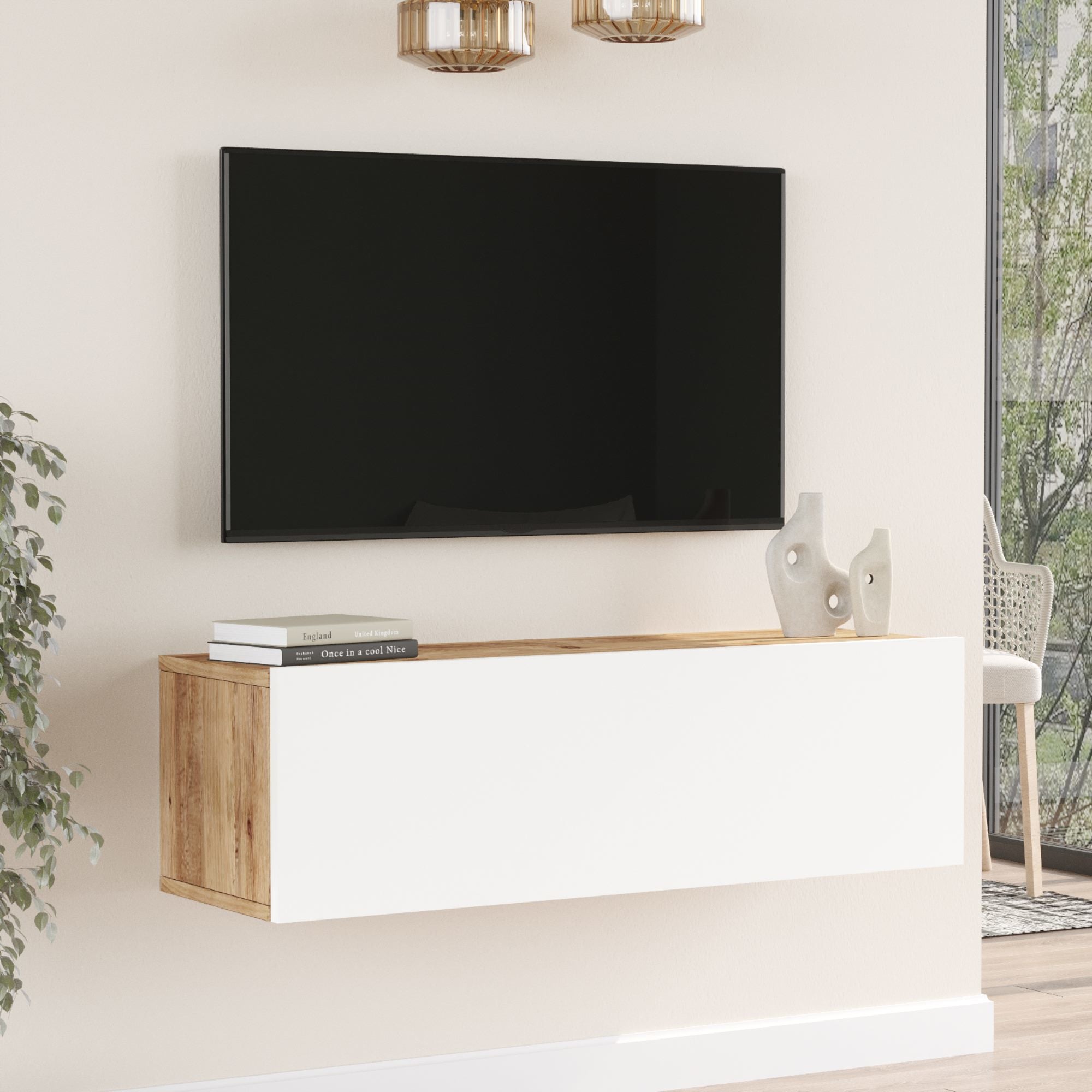 Mueble TV suspendido en madera de roble y laca blanca. Compuesto por 2  modulos a pared abatibles en roble natural…