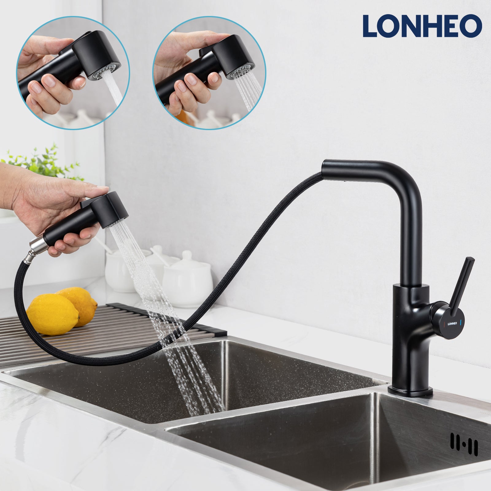 Lonheo Mitigeur Cuisine Noir Avec Douchette Extensible Robinet Cuisine Avec Jets Mitigeur