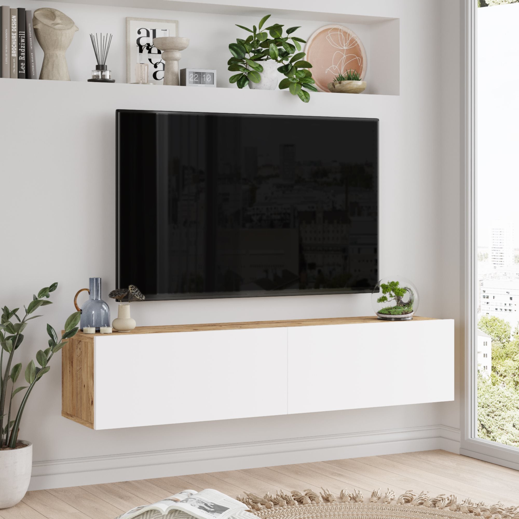 Mueble TV suspendido Lapinlahti Aglomerado 140x32x30 cm roble rústico /  blanco [en.casa]