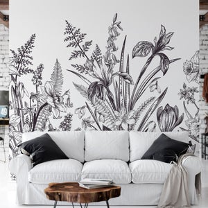 Papier peint panoramique - Paysage tropical noir et blanc - Éden - 280cm x  255cm (L x l)