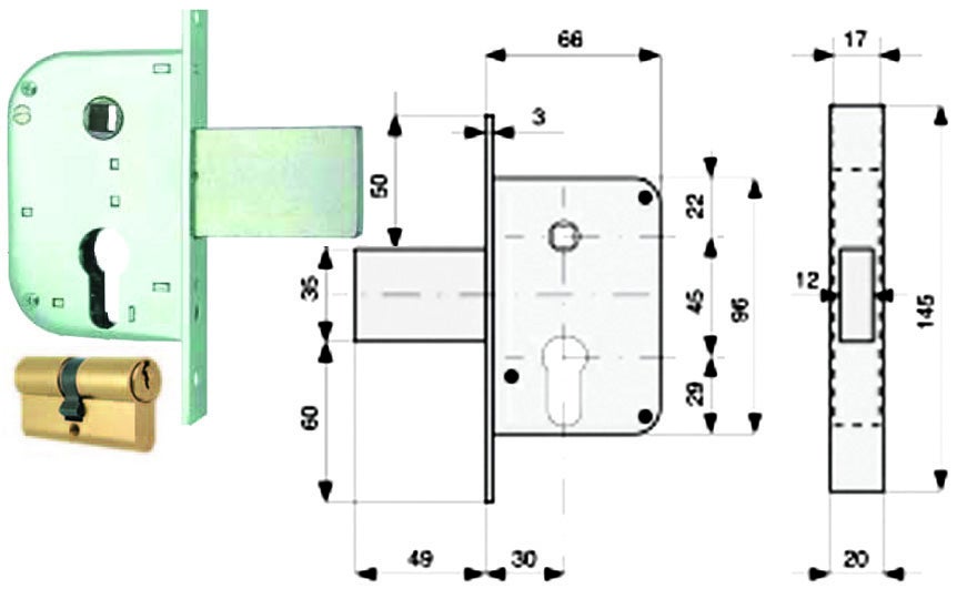 Serratura a incasso 66803280G7 cilindro per porta blindata, entrata 7.3 cm,  interasse 73 mm