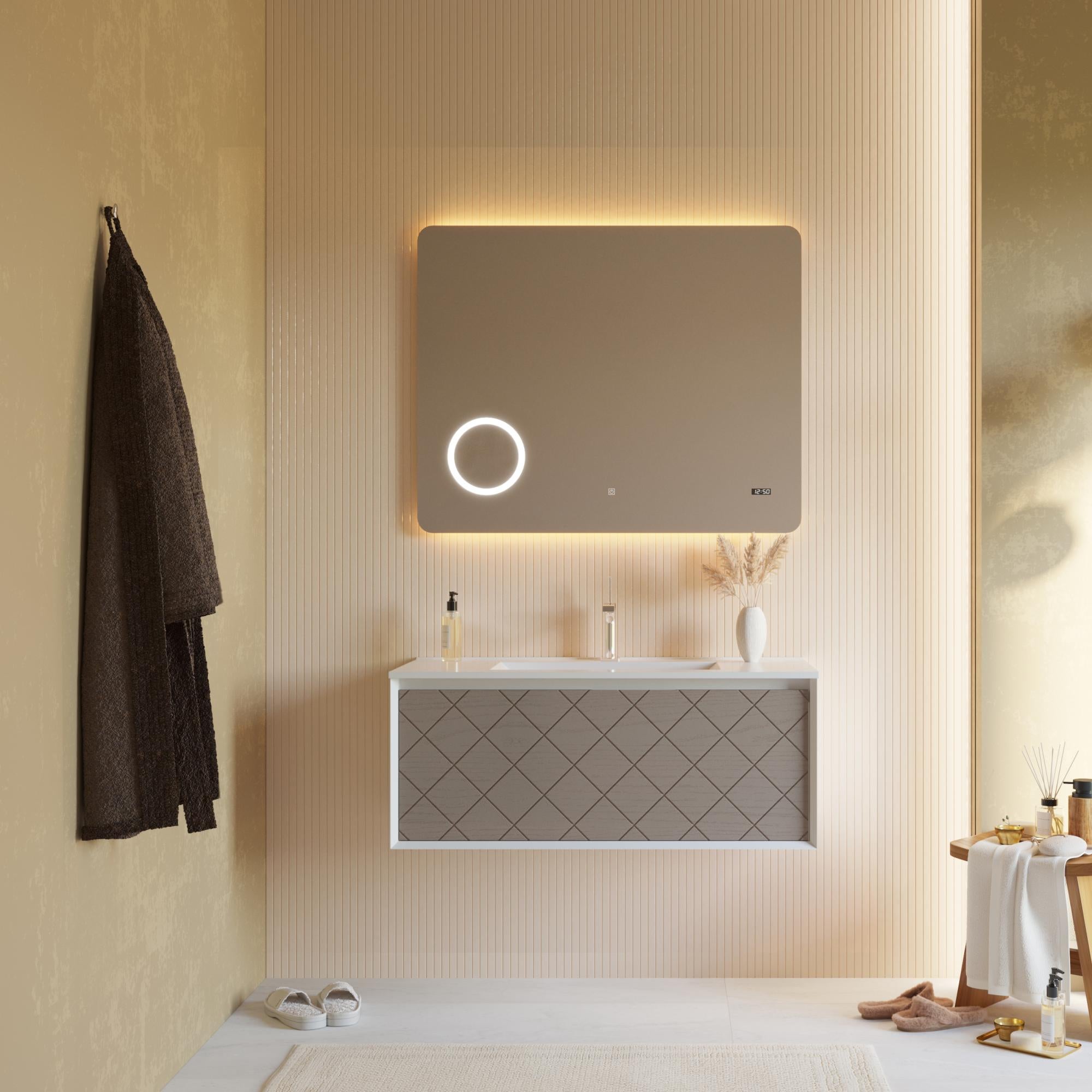 ARMOIRE DE SALLE DE BAIN 100CM BLANC MAT ET GRIS AVEC MIROIR LED INTÉGRÉ MIAMI Leroy Merlin