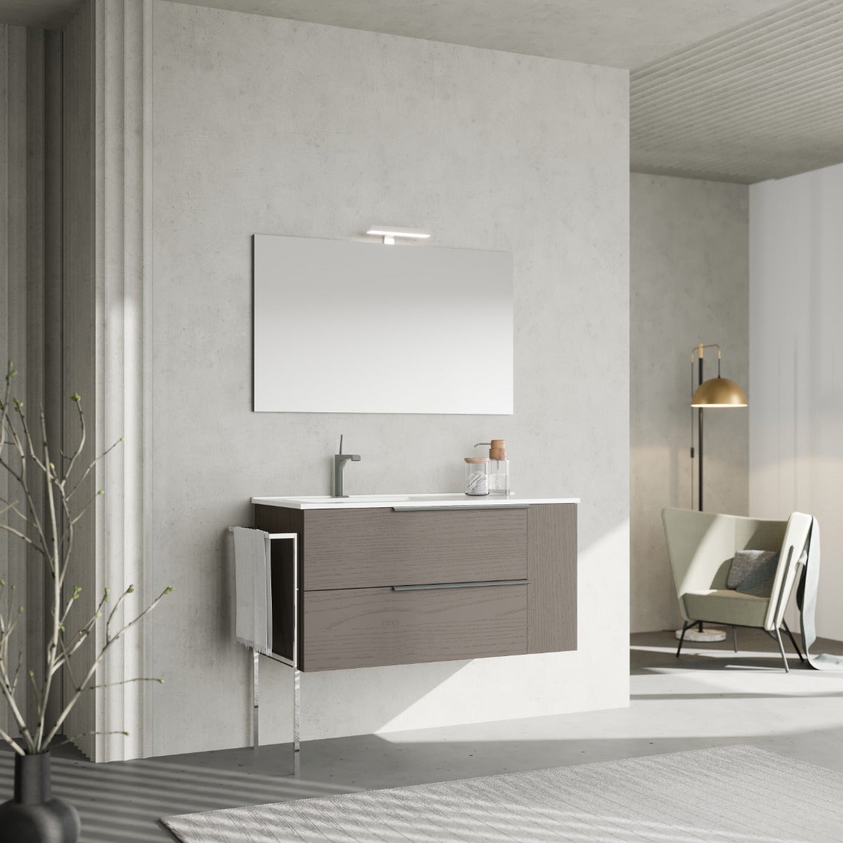 MOBILE PER BAGNO SOSPESO 100CM GRIGIO EFFETTO LEGNO CON LAVABO SX, NEW  YORK